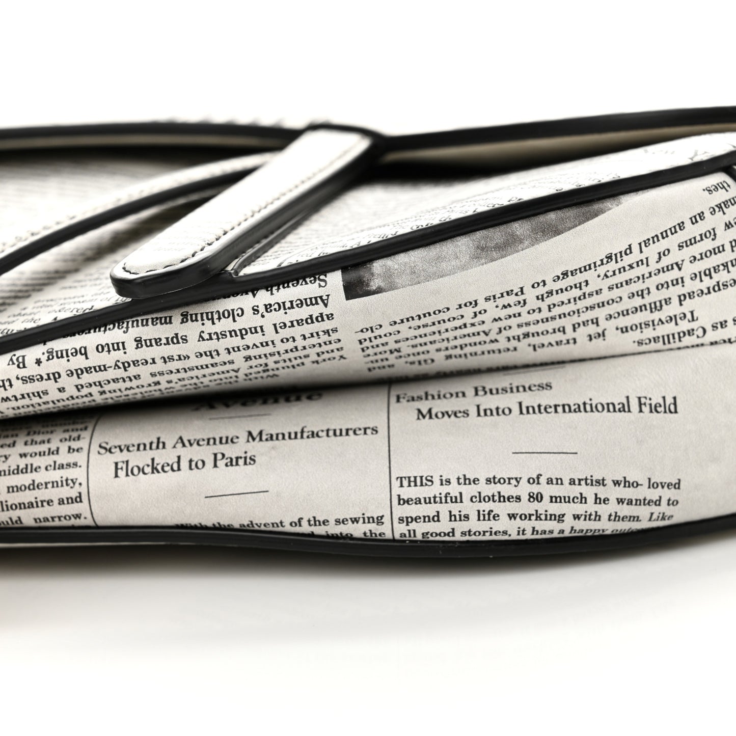 Calfskin Newspaper Printed Saddle Bag With Strap Black White