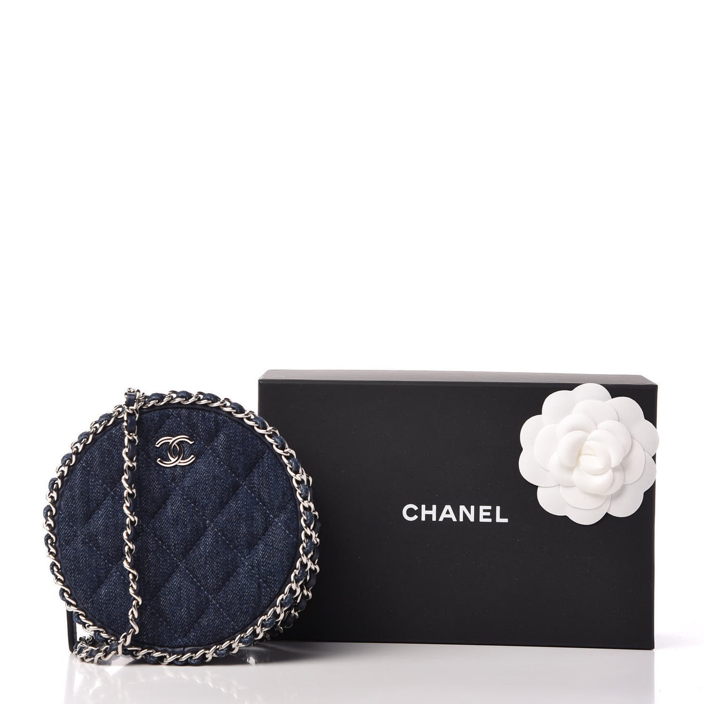 Denim Quilted Round Clutch With Chain Blue