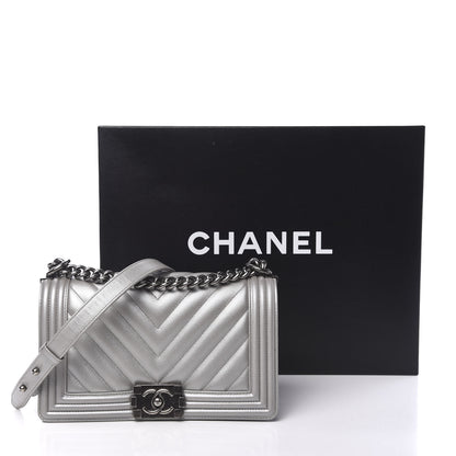 Chanel Metallic Caviar Chevron Quilted Medium Boy Flap Silver 11 of 11