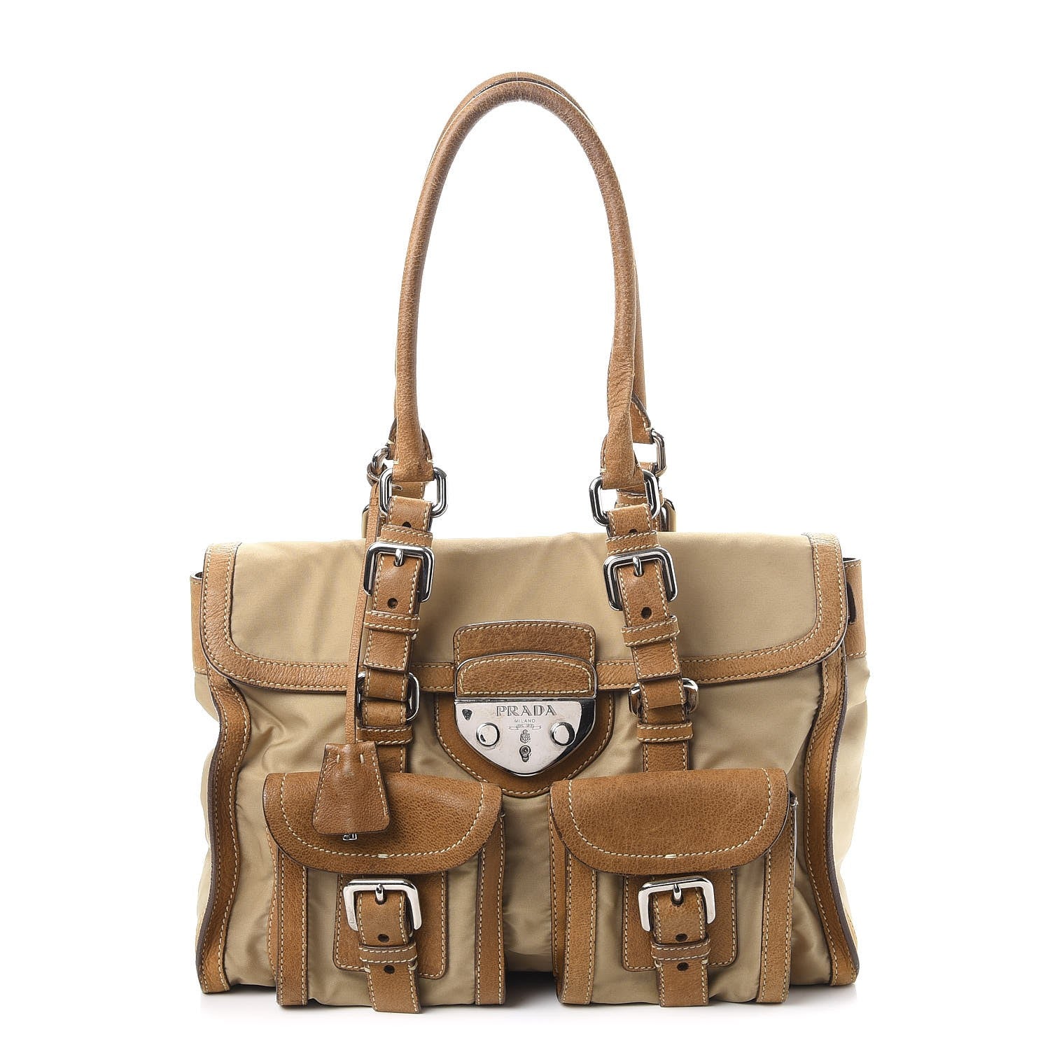 Prada Tessuto Nylon Calfskin Pushlock Satchel Brown 1 of 30