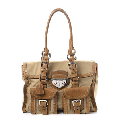 Prada Tessuto Nylon Calfskin Pushlock Satchel Brown 1 of 30
