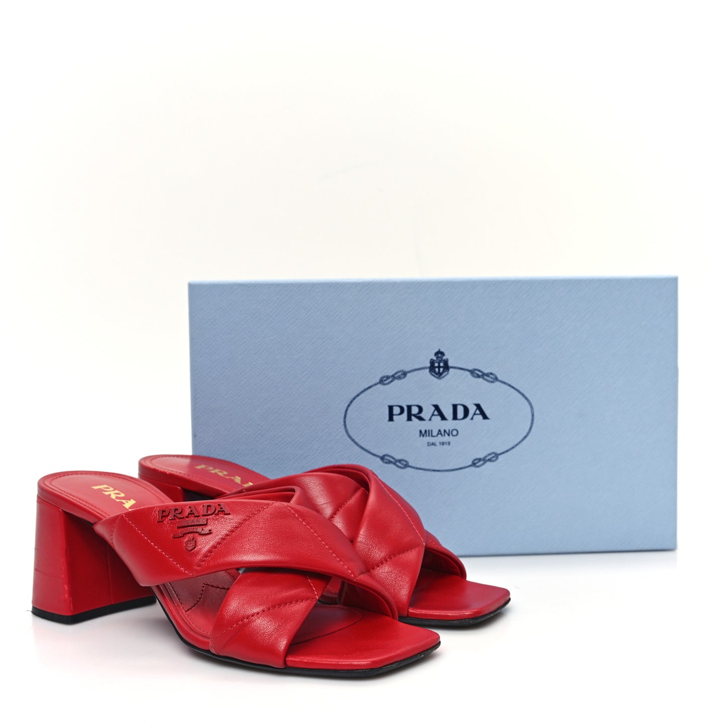 Nappa Logo Quilted Crisscross 65mm Block Heel Slide Sandals 38 Red