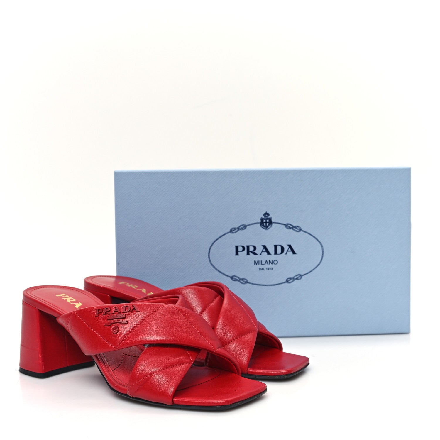 Prada Nappa Logo Quilted Crisscross 65mm Block Heel Slide Sandals 38 Red 10 of 10