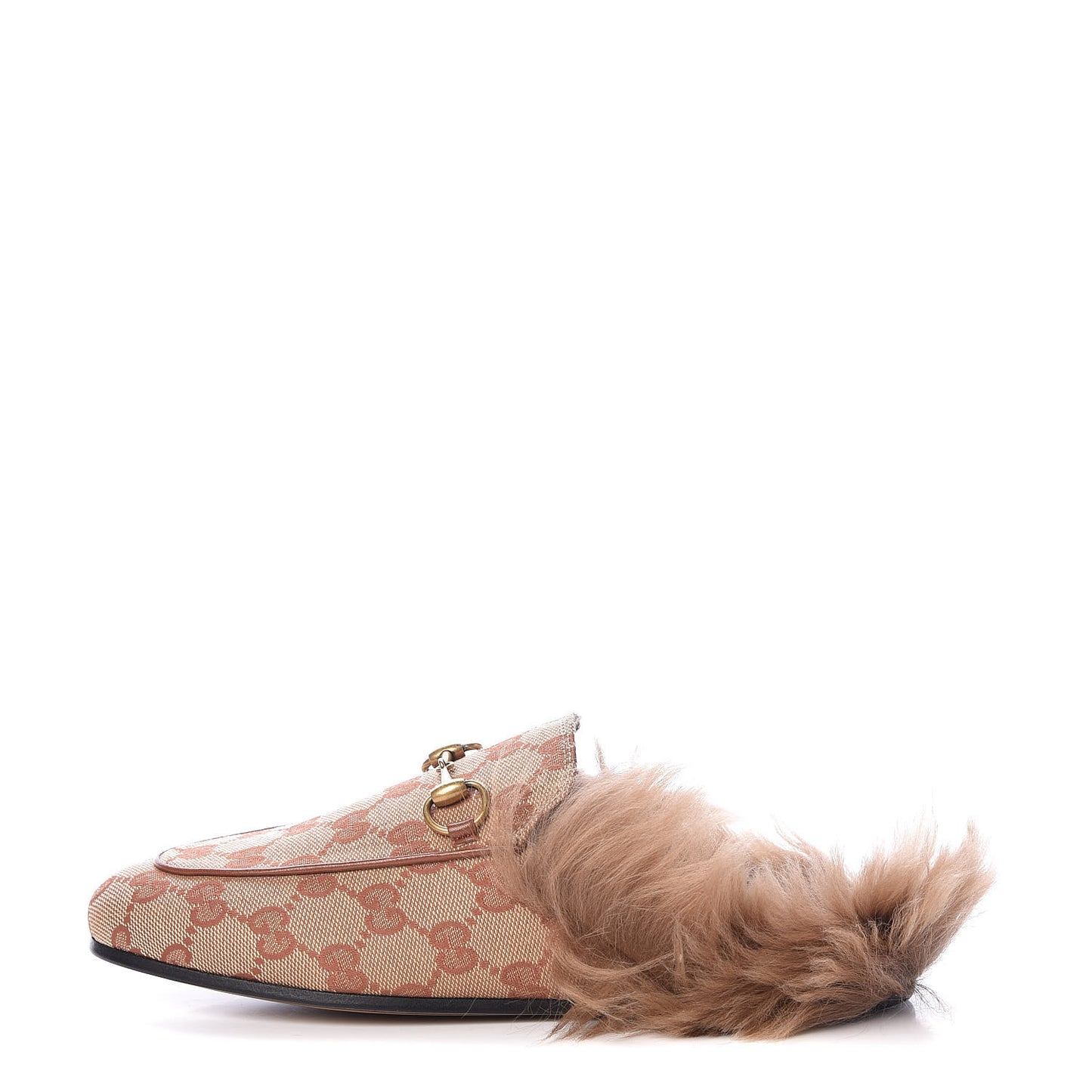 GG Monogram Fur Womens Princetown Slippers 35.5 Beige Ruggine Rust