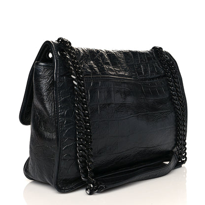 Saint Laurent Crinkled Calfskin Crocodile Embossed Monogram Medium Niki Chain Satchel Black 3 of 10