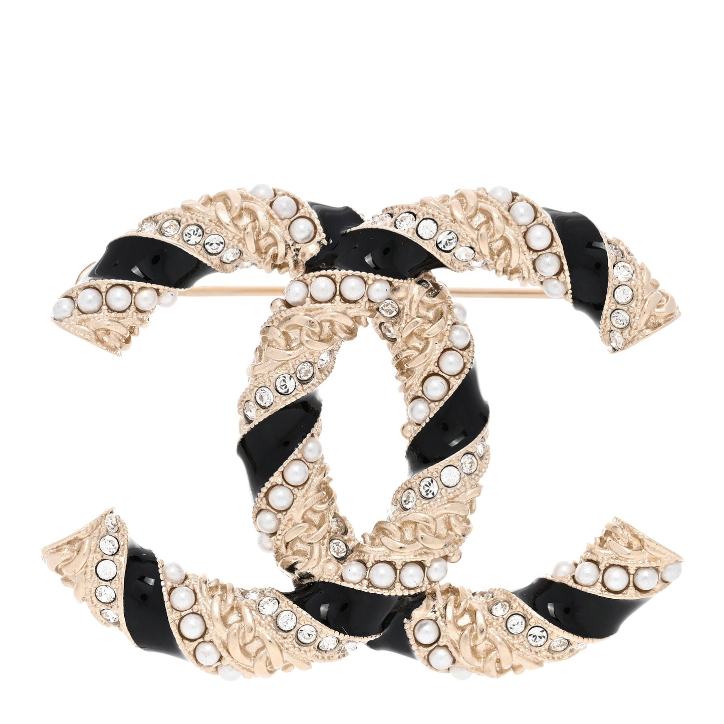 Pearl Crystal Enamel CC Brooch Black Gold