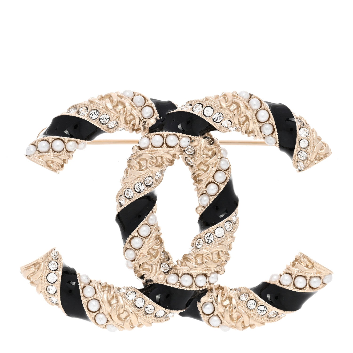 Chanel Pearl Crystal Enamel CC Brooch Black Gold 1 of 5