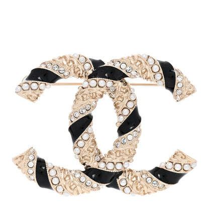 Chanel Pearl Crystal Enamel CC Brooch Black Gold 1 of 5