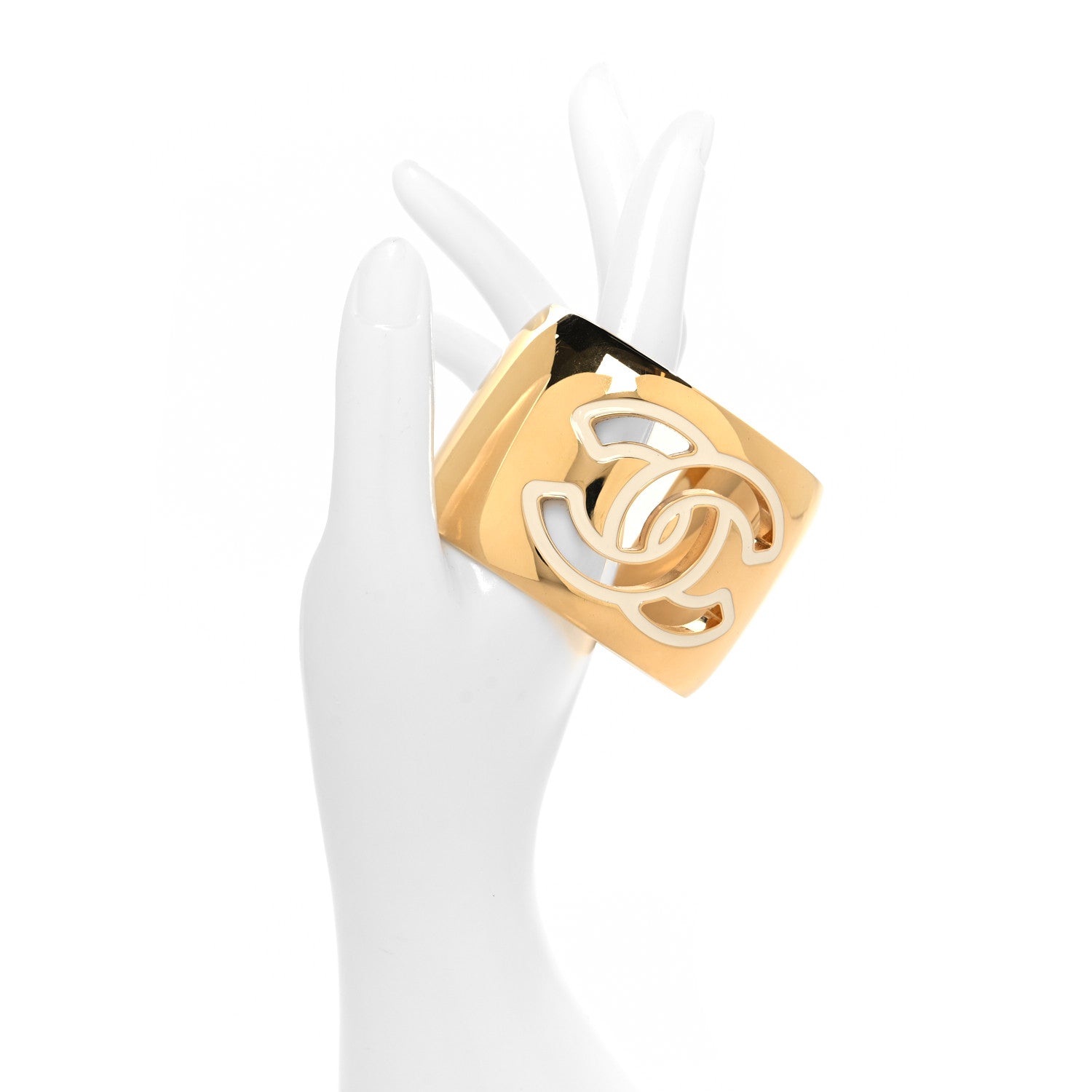 Chanel Metal Resin CC Cuff Cutout M Gold White 2 of 6