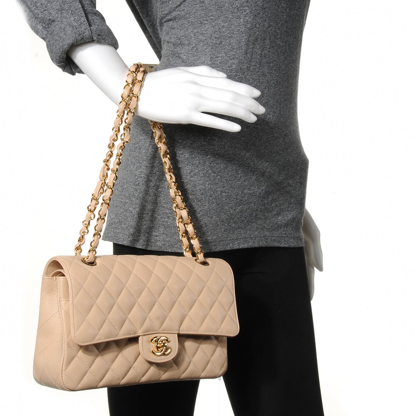 Caviar Quilted Medium Double Flap Beige