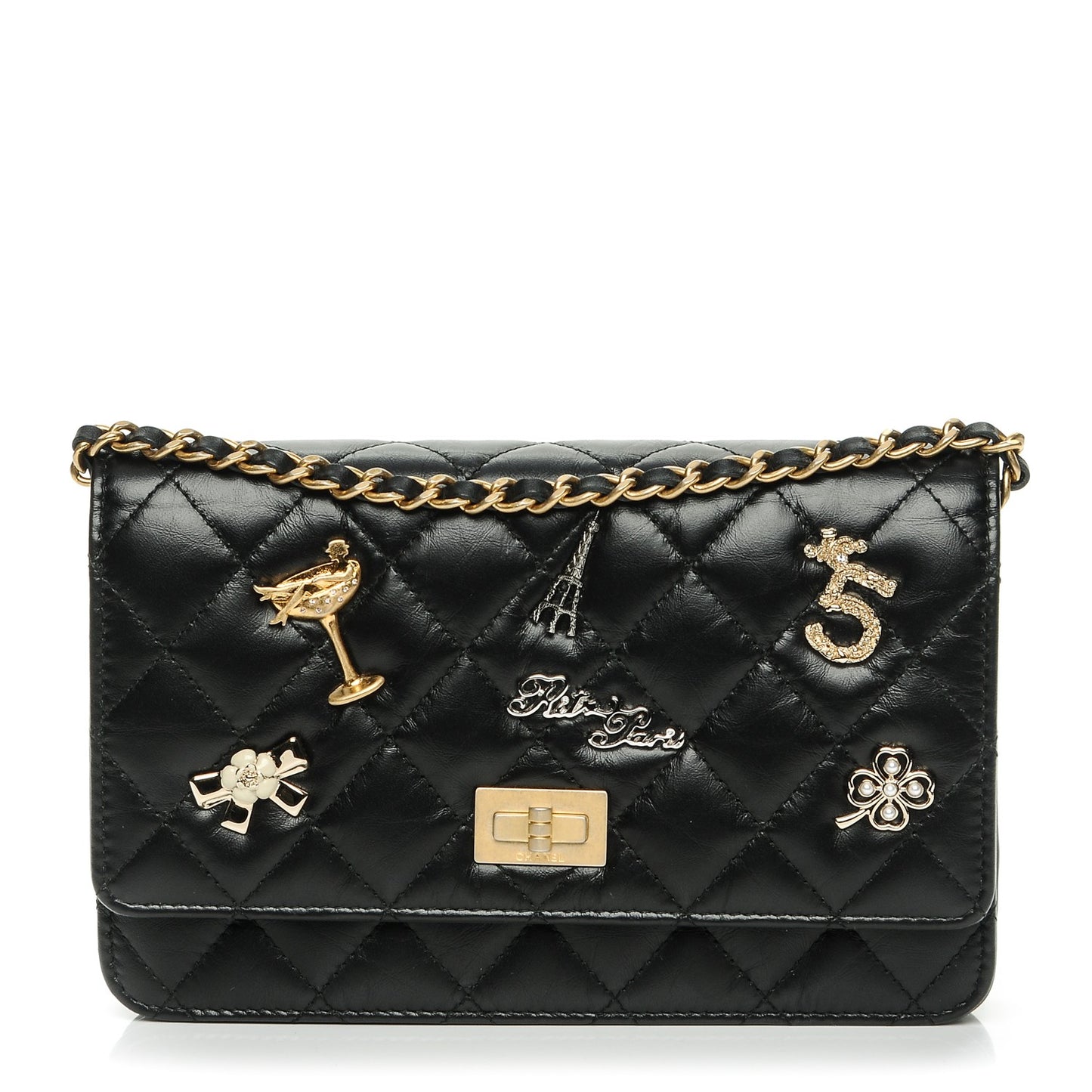 Aged Calfskin Quilted Lucky Charms 2.55 Reissue Wallet On Chain WOC Black