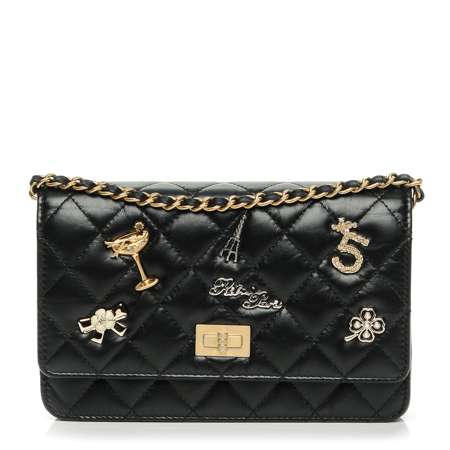 Chanel Aged Calfskin Quilted Lucky Charms 2.55 Reissue Wallet On Chain WOC Black 1 of 9