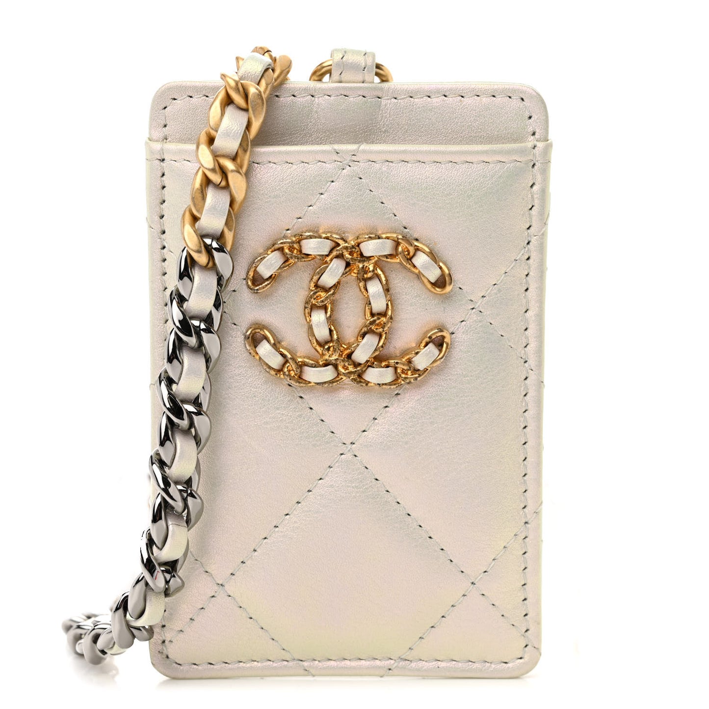 Iridescent Calfskin Quilted Chanel 19 Card Holder On Chain White