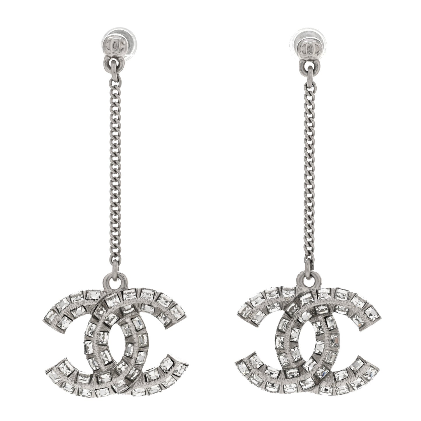 Baguette Crystal CC Drop Earrings Silver