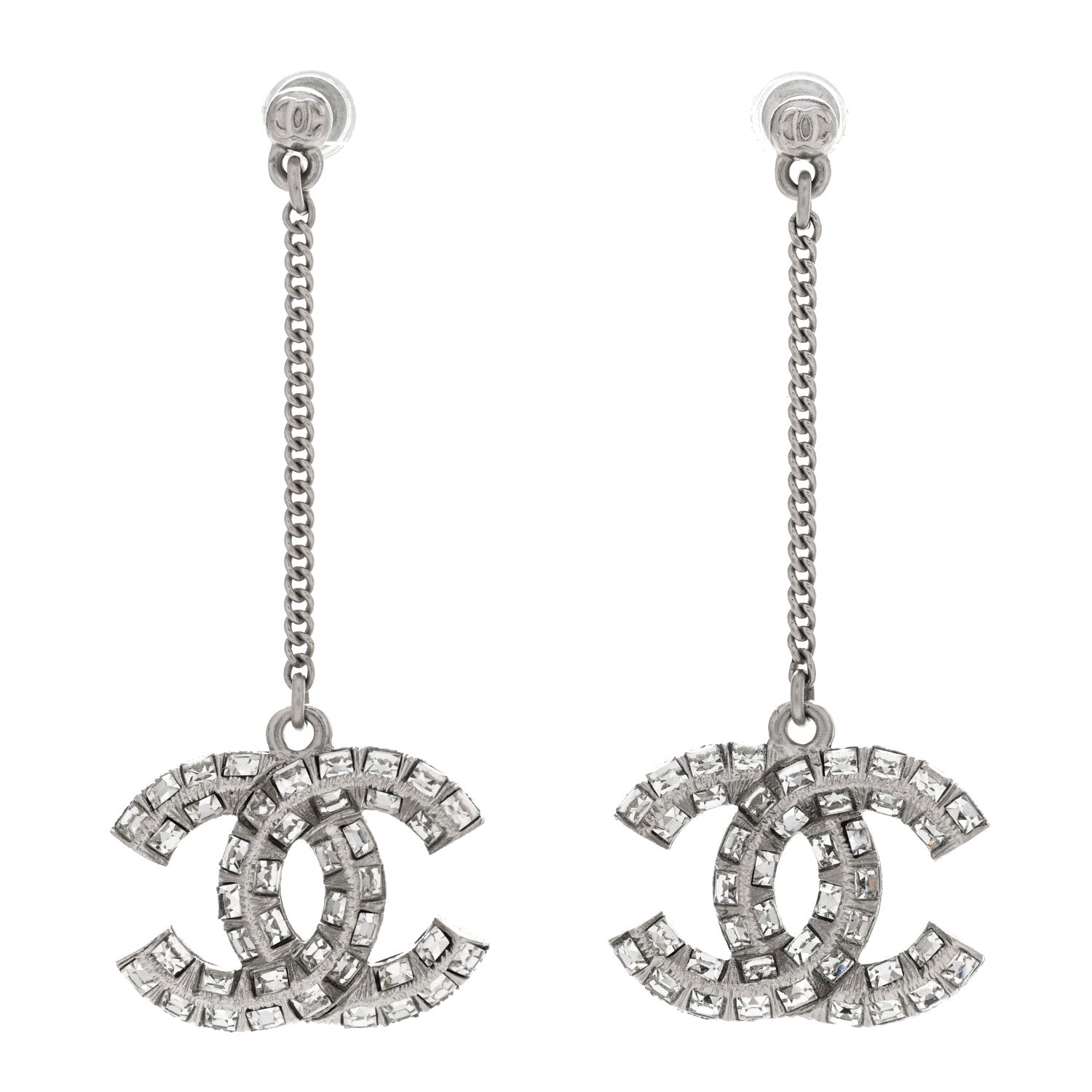 Chanel Baguette Crystal CC Drop Earrings Silver 1 of 4