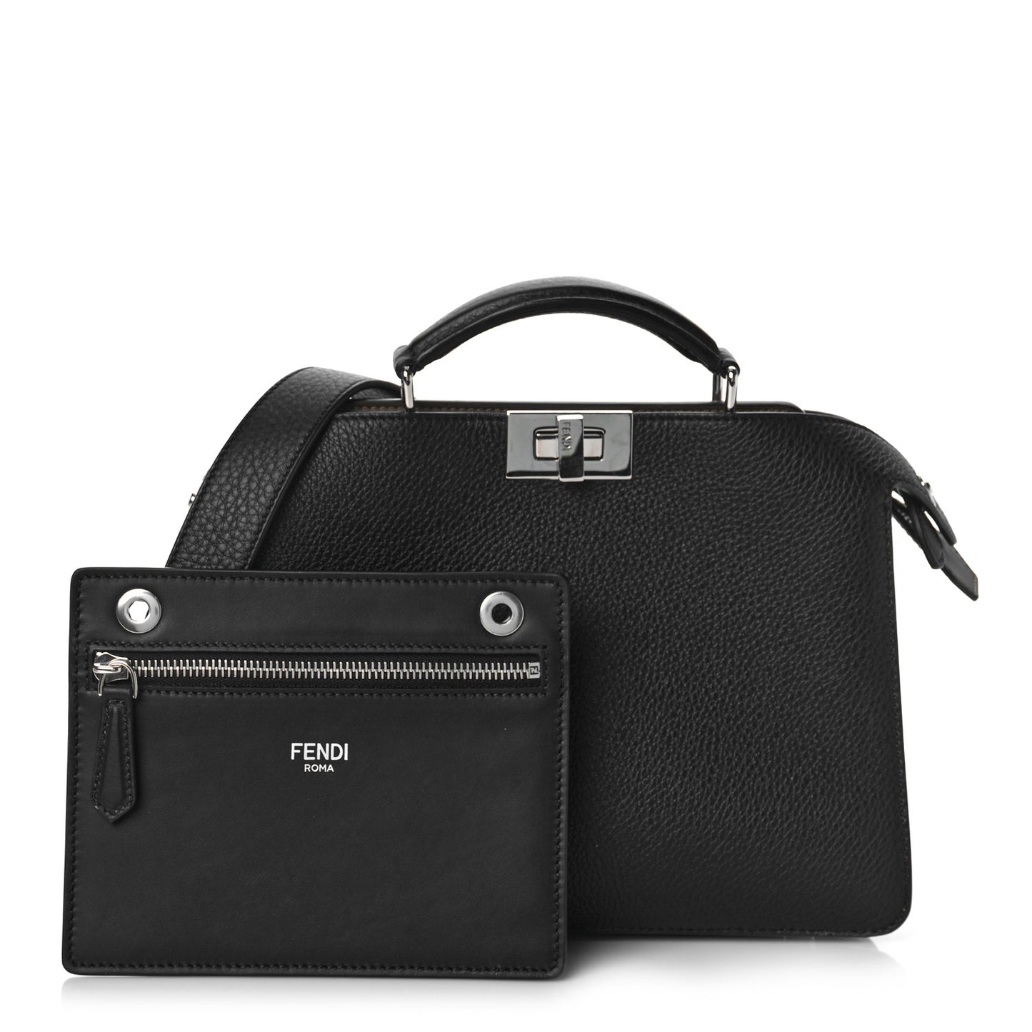 Cuoio Romano Vitello Cover Glazed Fabric Bi-Color FF 1974 Mini Peekaboo I SEE U Satchel Black Mimosa Tobacco Moro