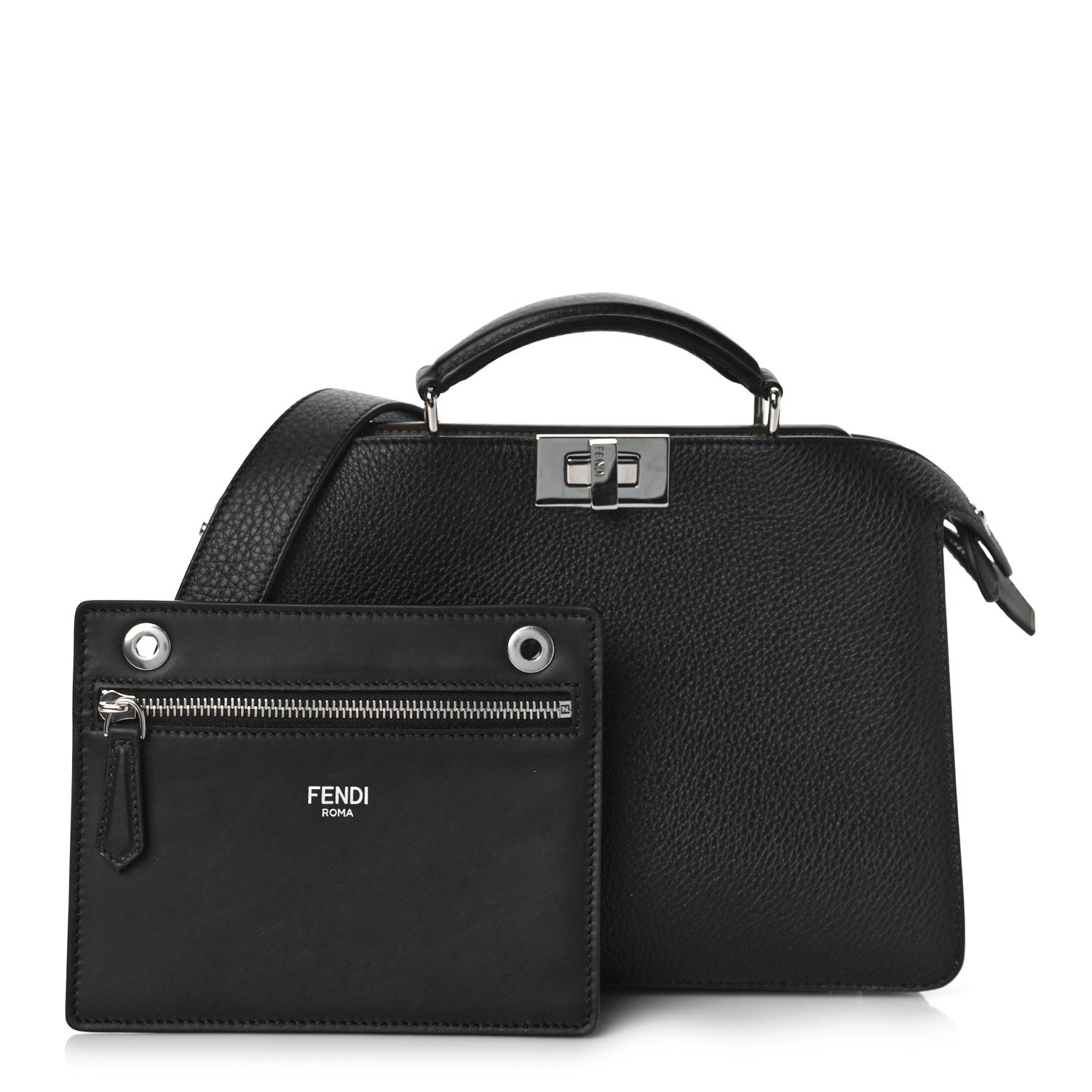Fendi Cuoio Romano Vitello Cover Glazed Fabric Bi-Color FF 1974 Mini Peekaboo I SEE U Satchel Black Mimosa Tobacco Moro 1 of 10