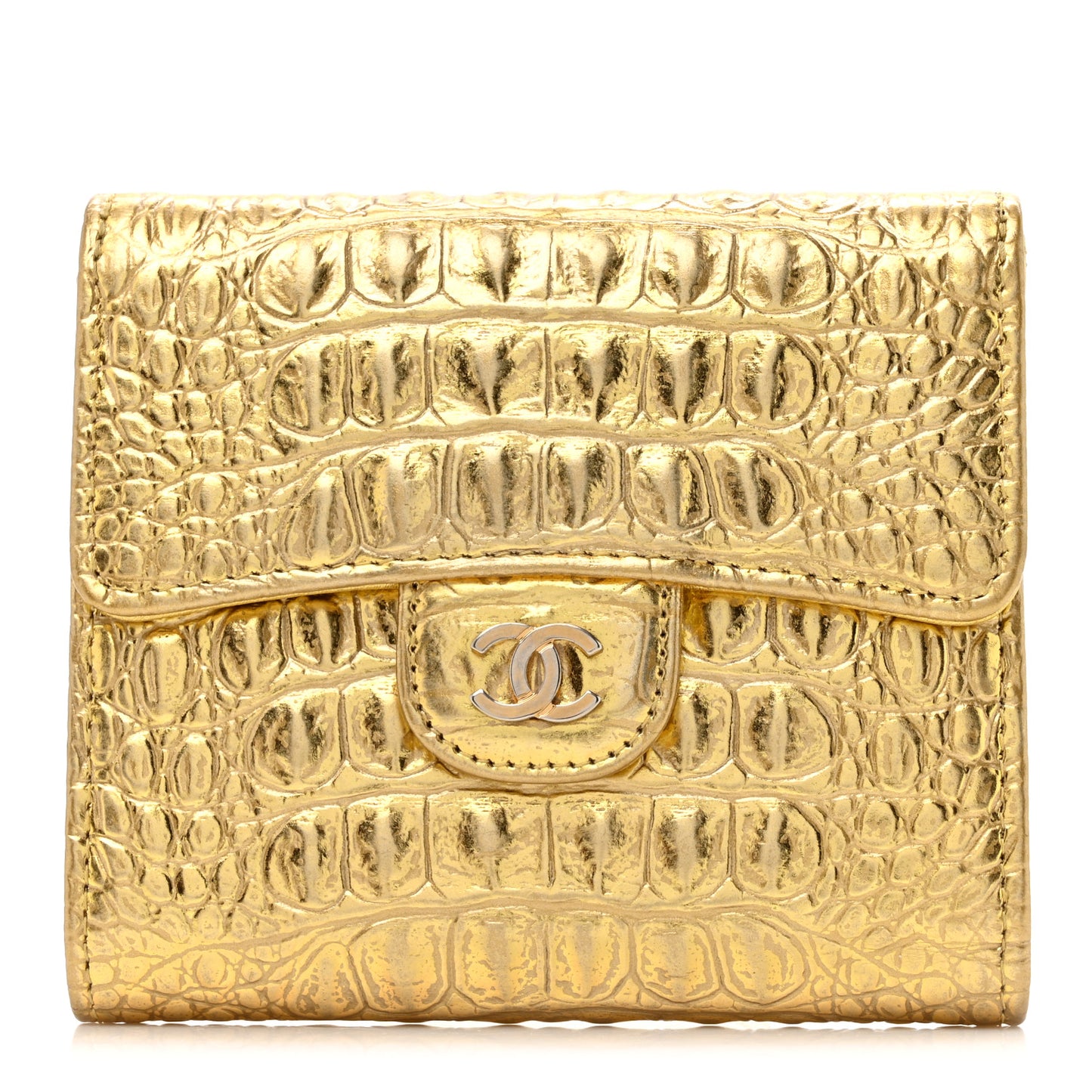 Metallic Calfskin Crocodile Embossed Cocodile Compact Flap Wallet Gold