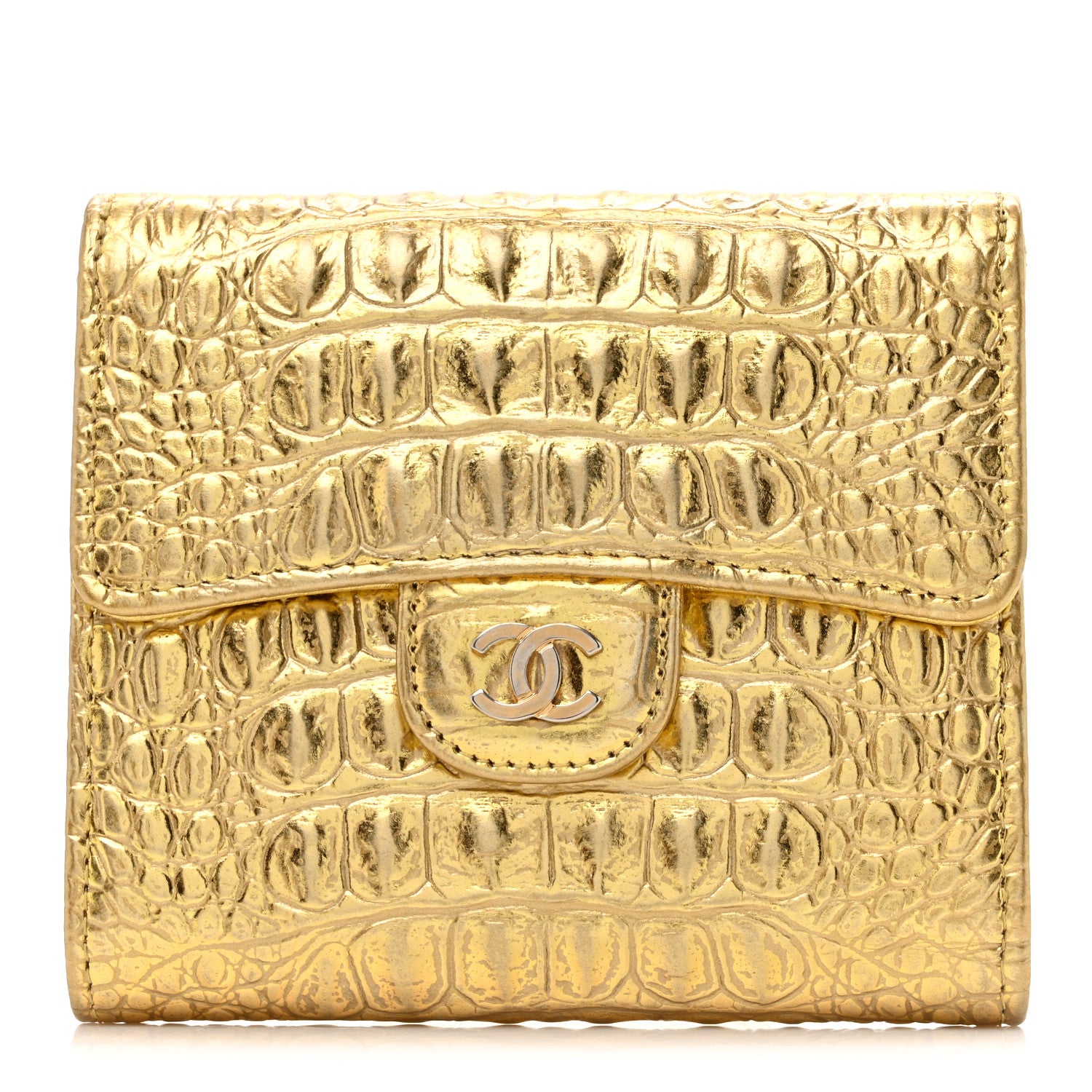Chanel Metallic Calfskin Crocodile Embossed Cocodile Compact Flap Wallet Gold 1 of 8