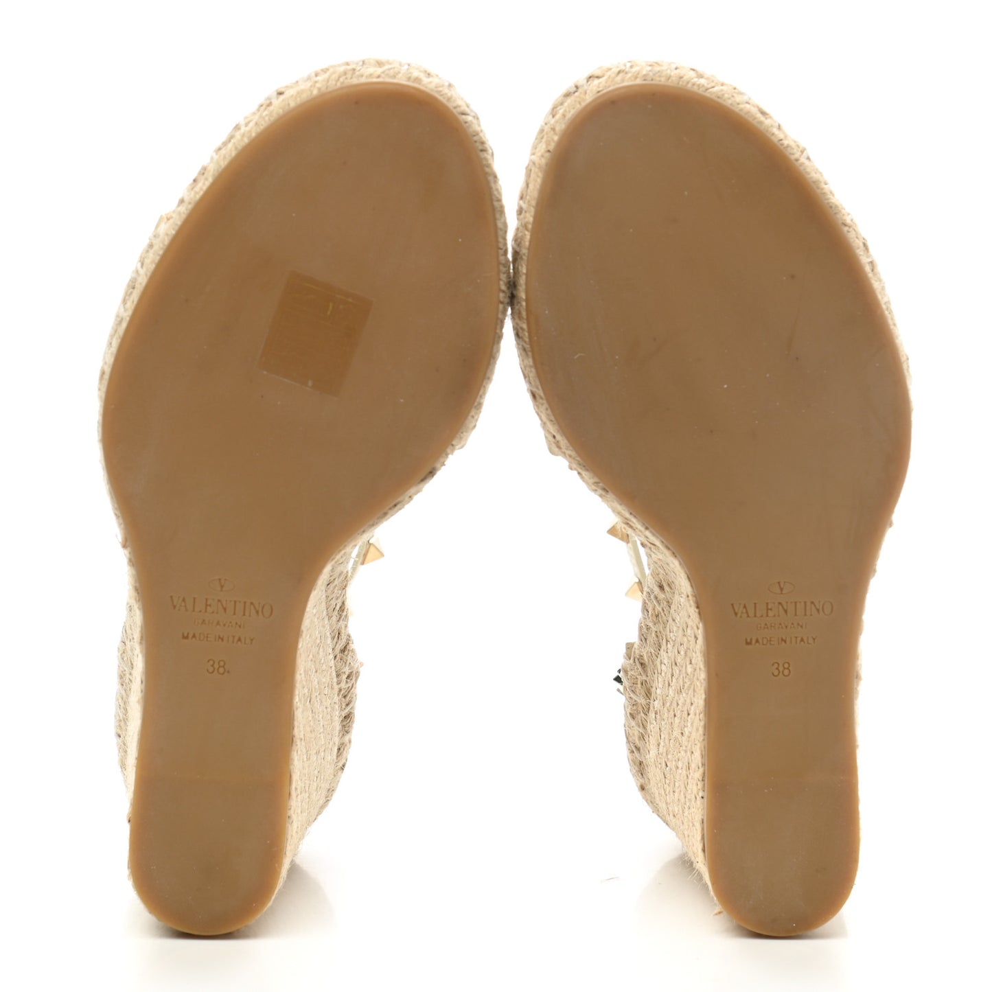 Grained Calfskin Rockstud Ankle Strap Espadrille Wedge Sandals 38 Light Ivory