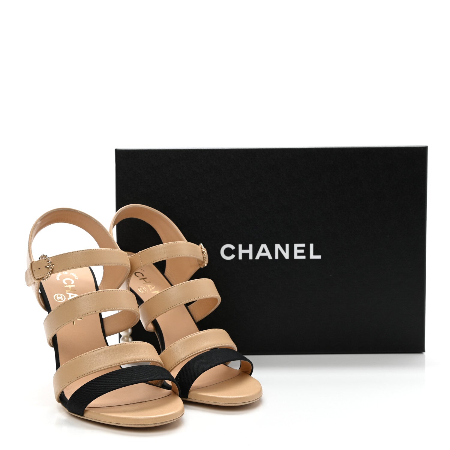 Chanel Lambskin Grosgrain Pearl Sandals 37.5 Beige Black 11 of 11