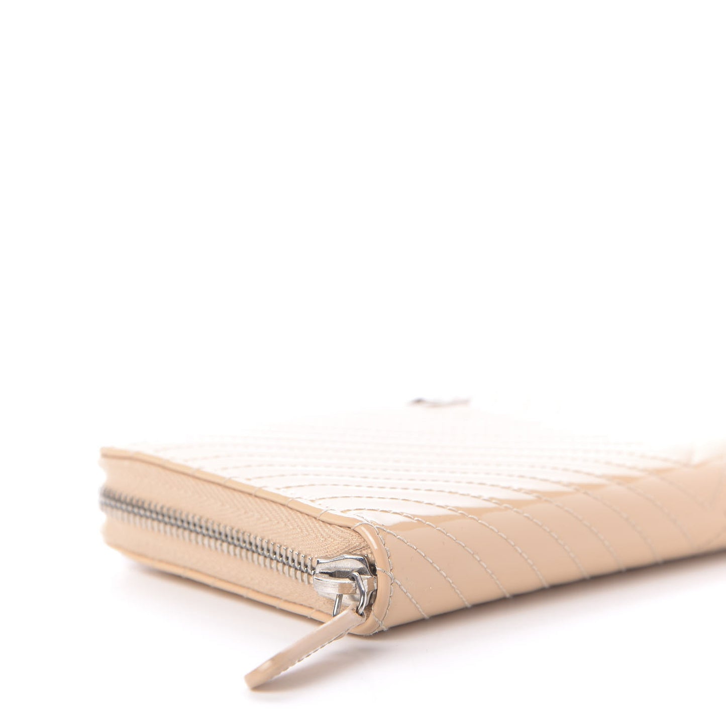 Patent Chevron Quilted Zip Around Wallet Beige