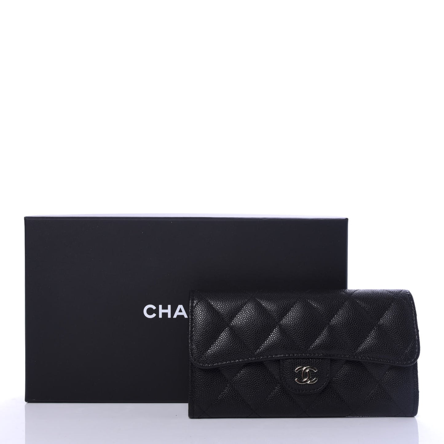 Caviar Quilted Medium Gusset Flap Wallet Black