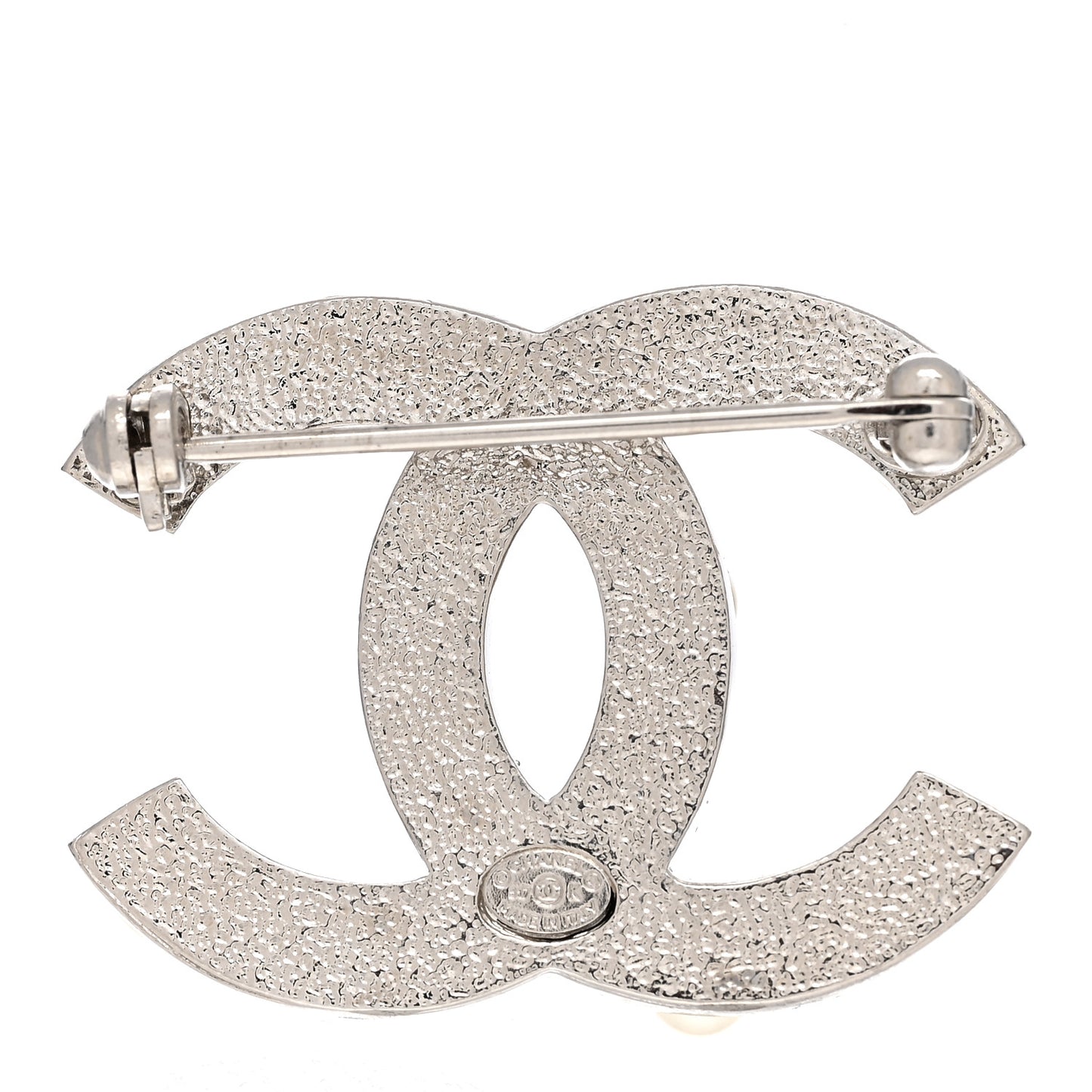 Pearl Crystal CC Mini Brooch Silver