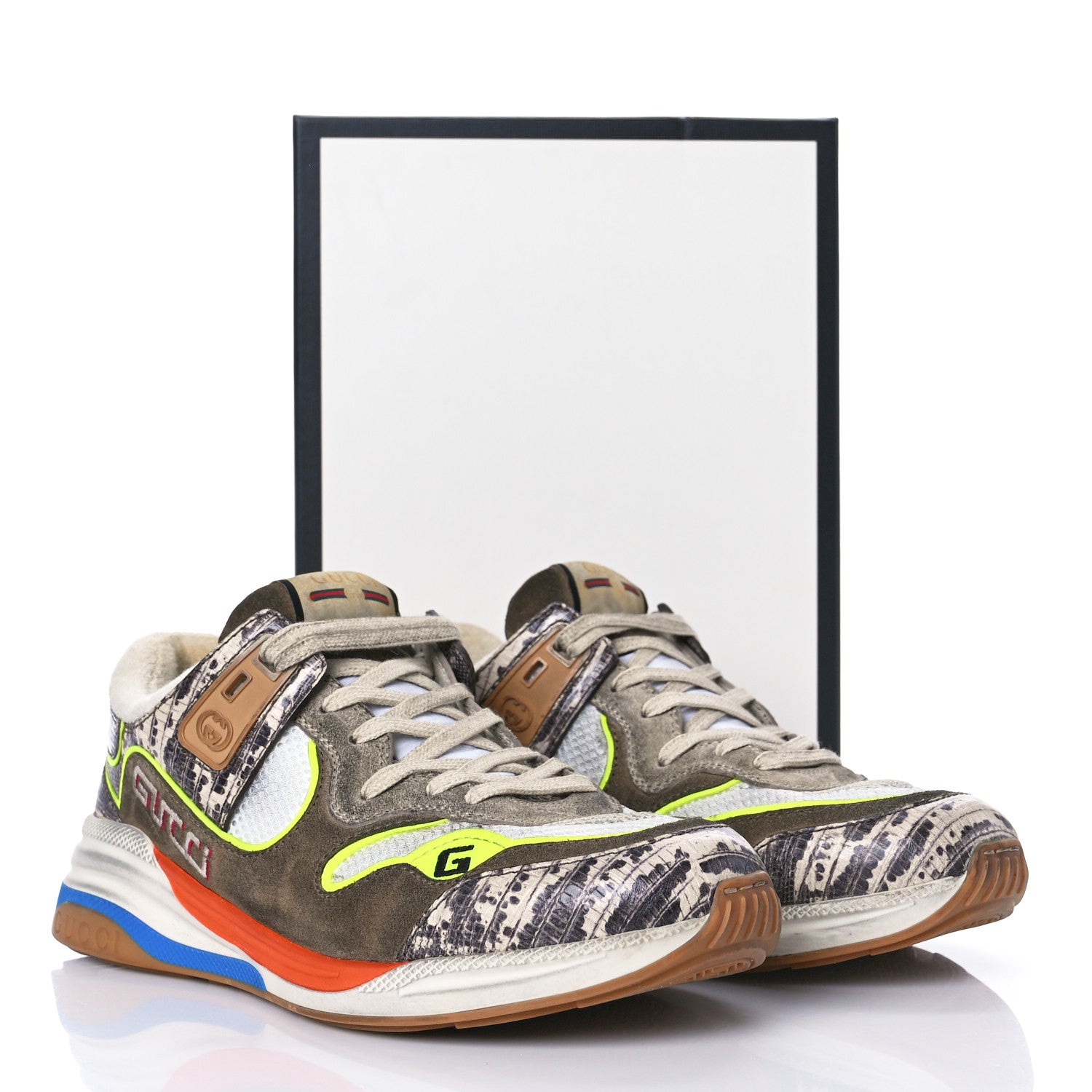 Gucci Suede Calfskin Tejus Printed Mens Ultrapace Sneakers 7.5 Natural Ardesia Neon Yellow 13 of 13