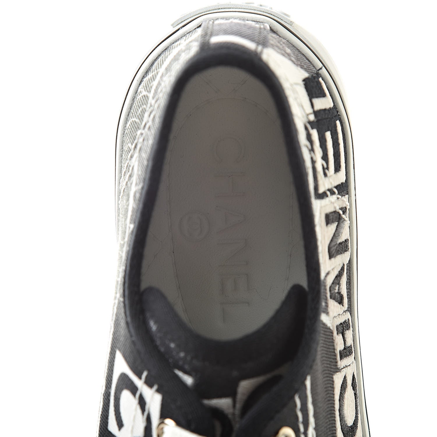 Chanel Printed Fabric Low Top Logo Sneakers 38.5 White Black 8 of 9