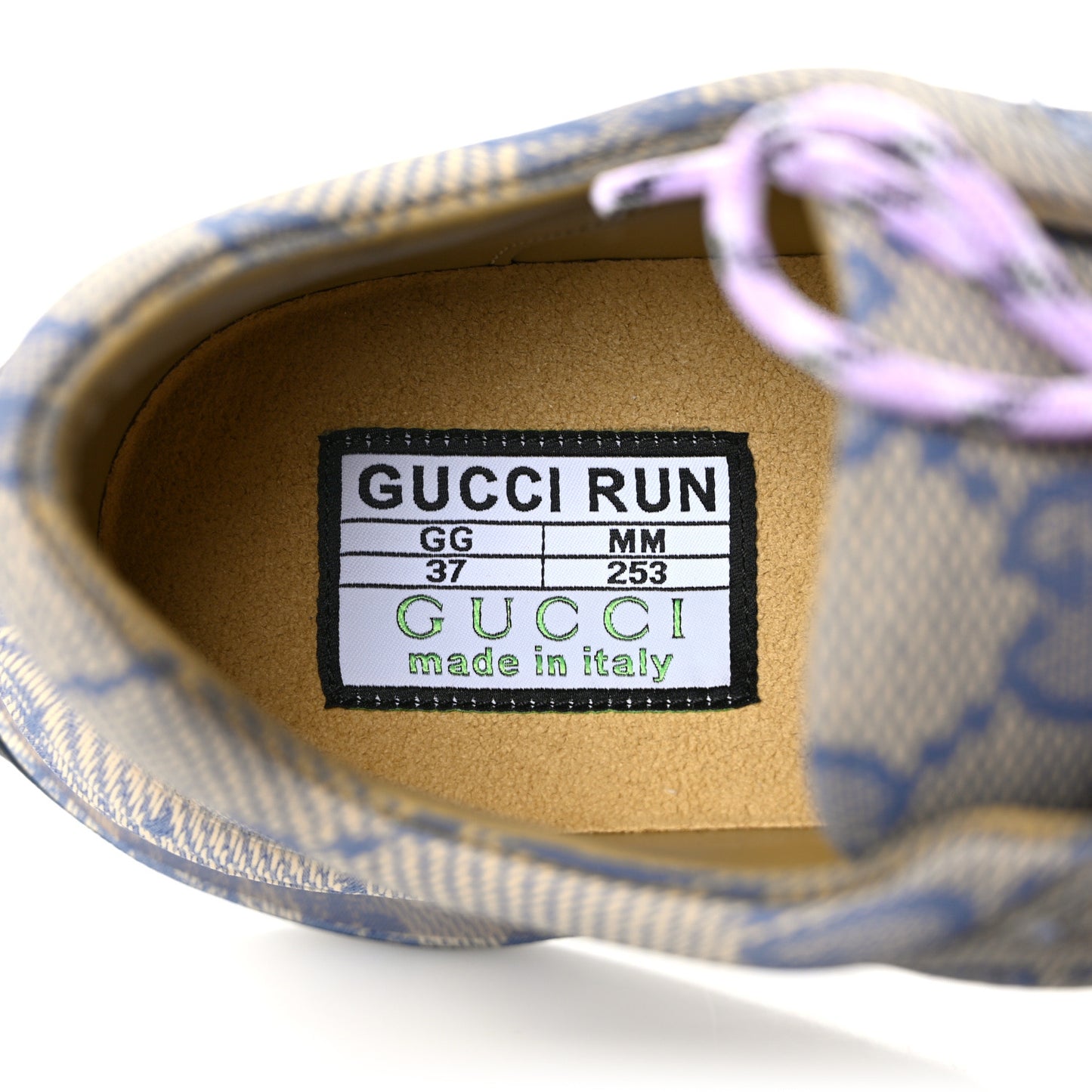 Ultralight Plume Calfskin Monogram Printed Womens Gucci Run Sneakers 37 Beige Blue