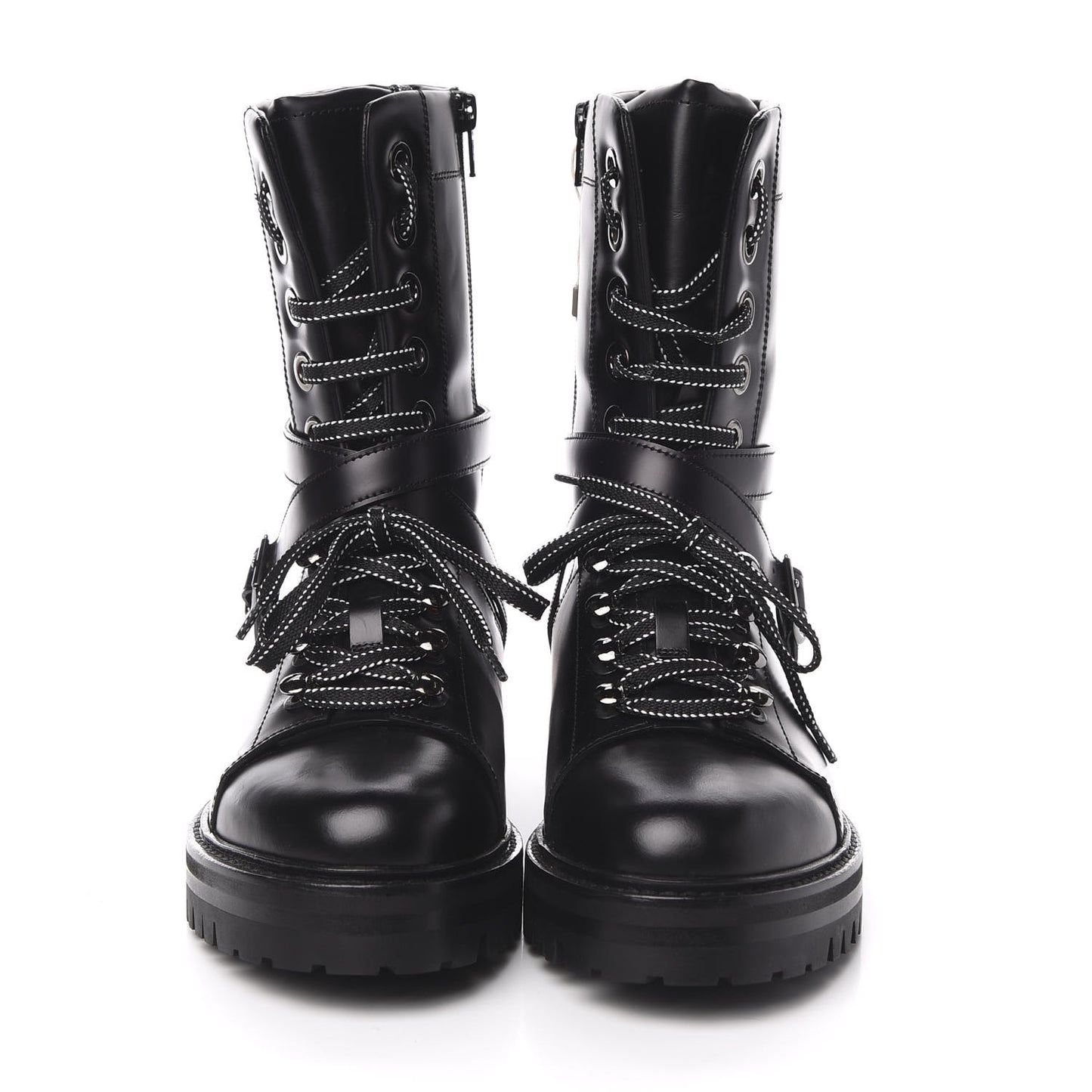 Smooth Calfskin Rockstud Buckled 25mm Combat Boots 38 Black