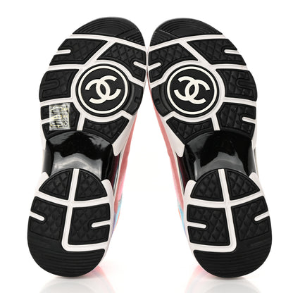Chanel Nylon Lambskin Suede Calfskin CC Sneakers 37 Coral Light Blue White 5 of 9