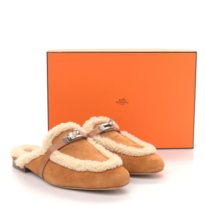 Hermes Suede Goatskin Woolskin Womens Oz Mules 38 Naturel 8 of 8