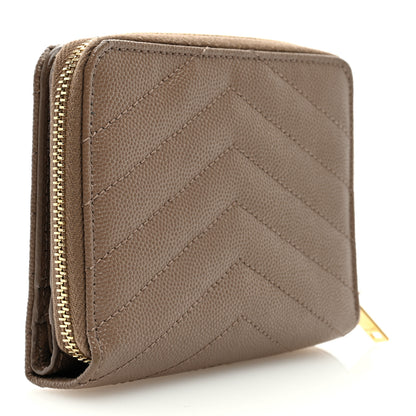 Saint Laurent Grain De Poudre Matelasse Chevron Monogram Compact Zip Around Wallet Beige 3 of 6