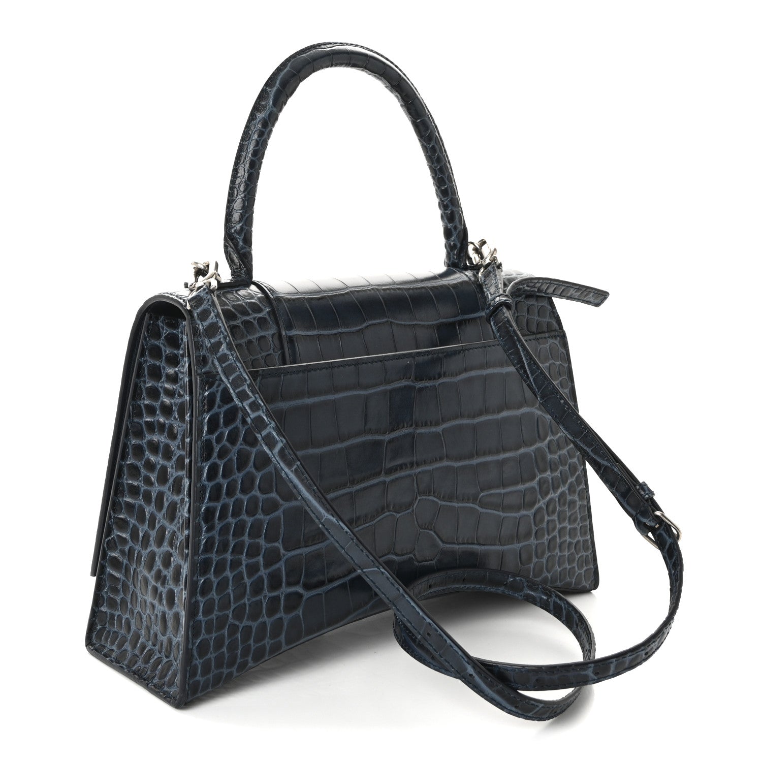 Balenciaga Shiny Calfskin Crocodile Embossed Medium Hourglass Top Handle Bag Denim Blue 3 of 9