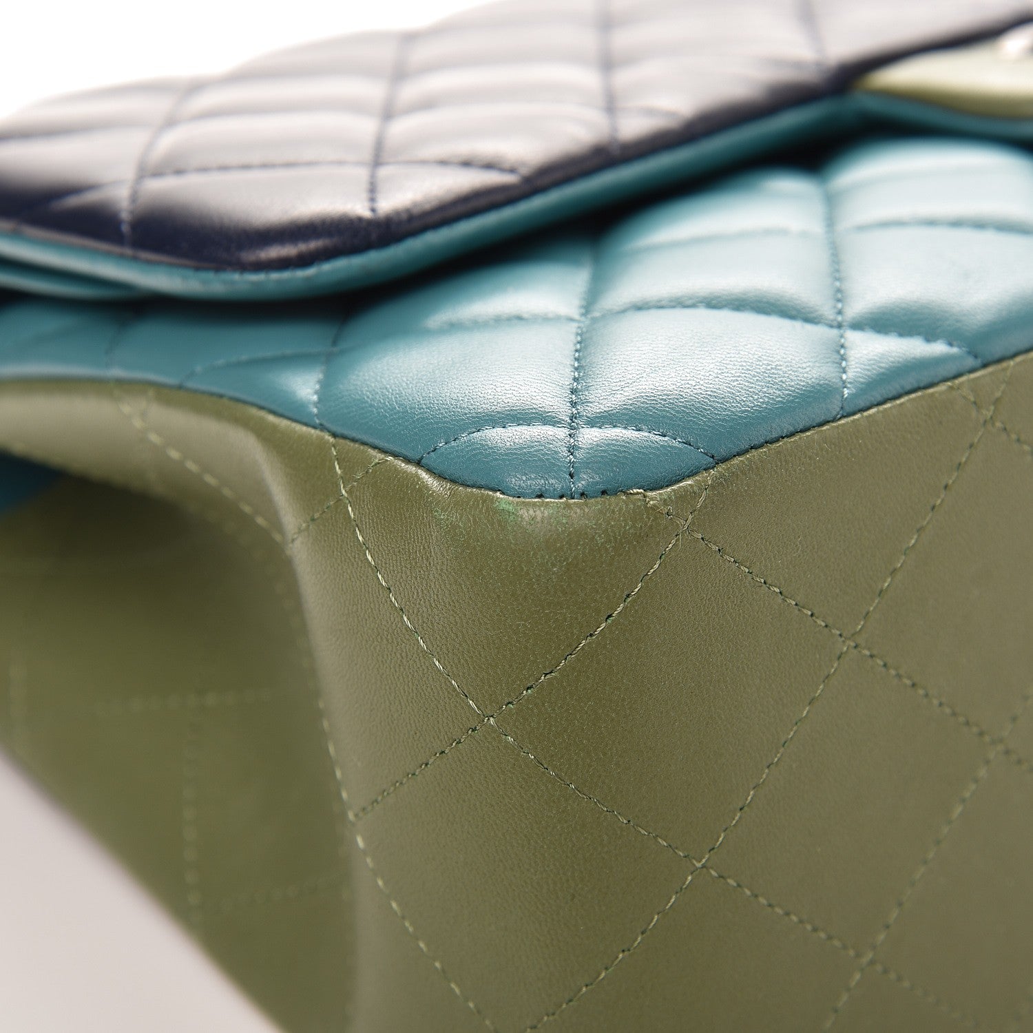 Chanel Lambskin Quilted Tri-Color Jumbo Double Flap Navy Blue Green 11 of 13