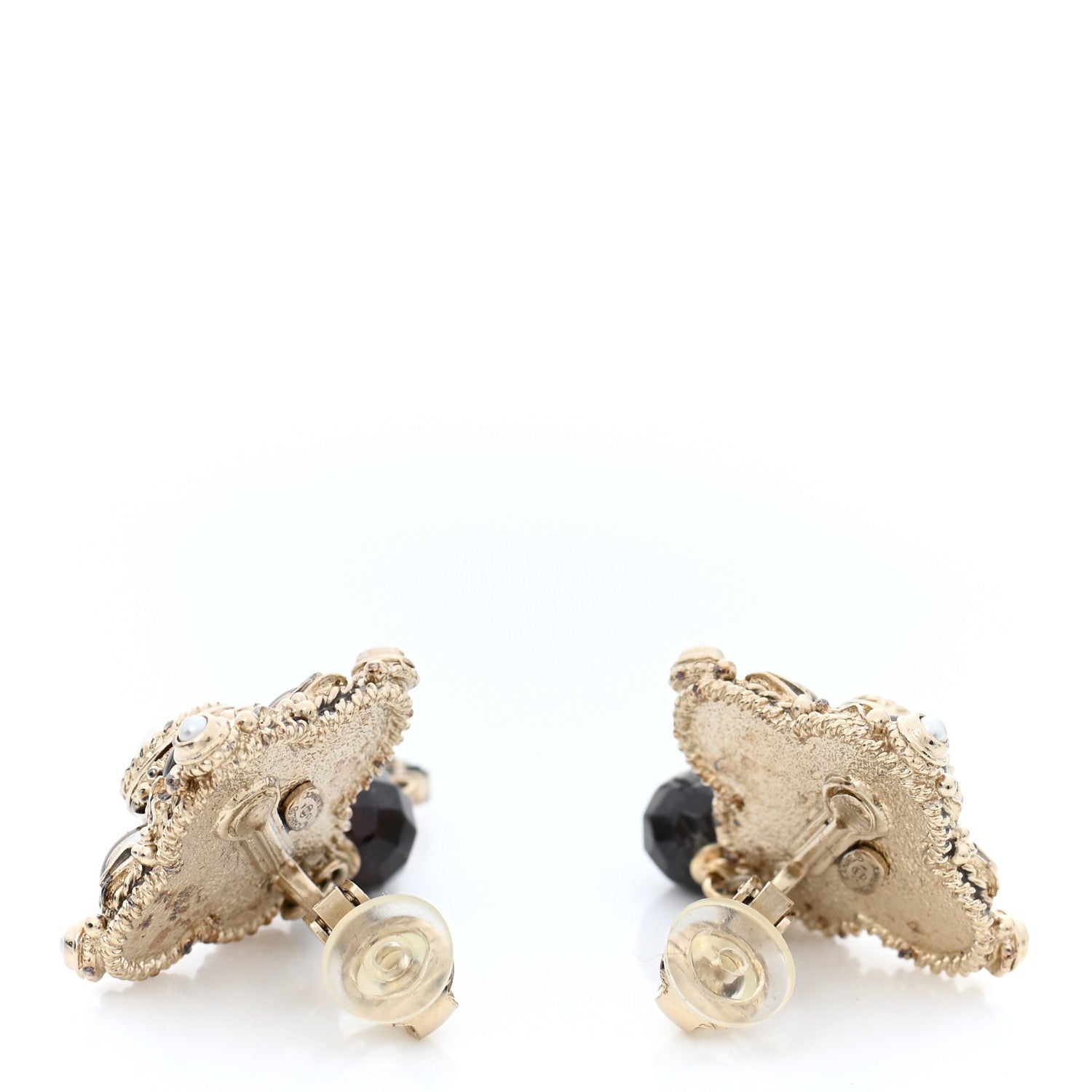 Chanel Pearl Bead CC Drop Clip On Earrings Black Gold 3 of 5