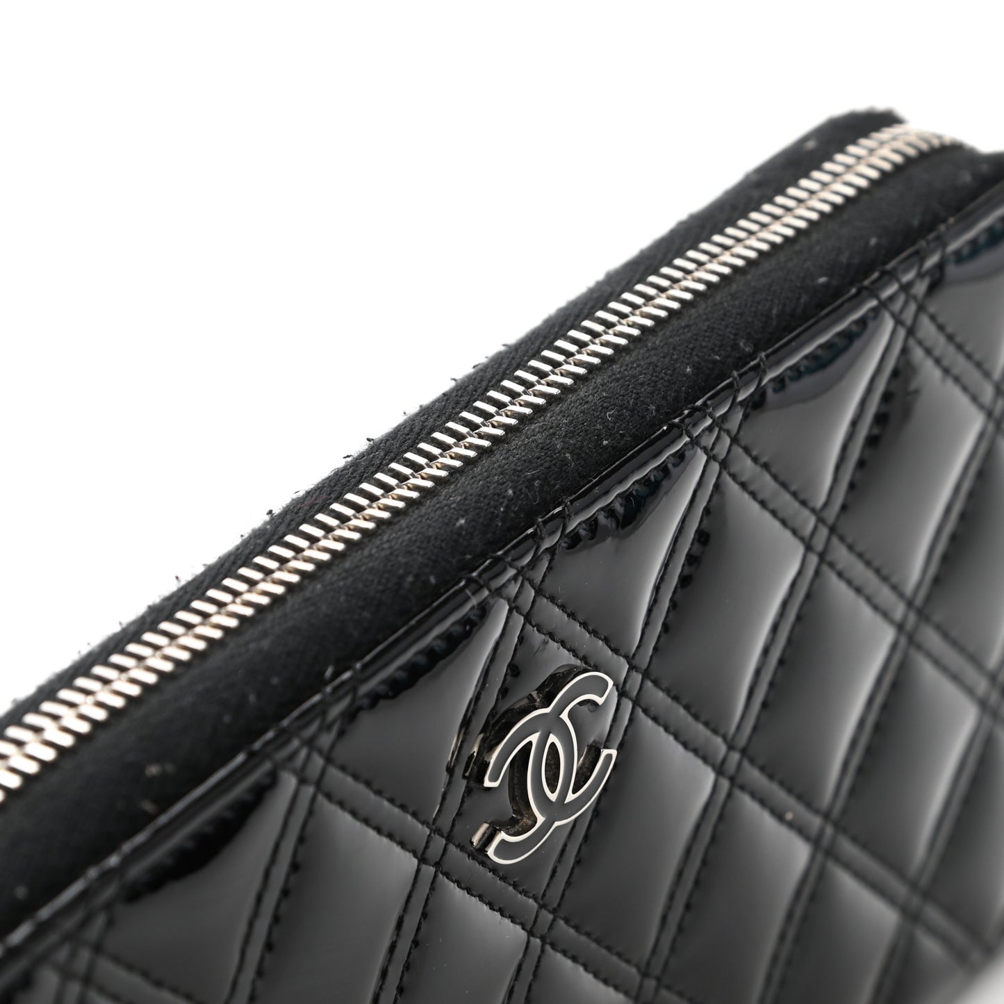 Patent Quilted Large Gusset Zip Around Wallet Black