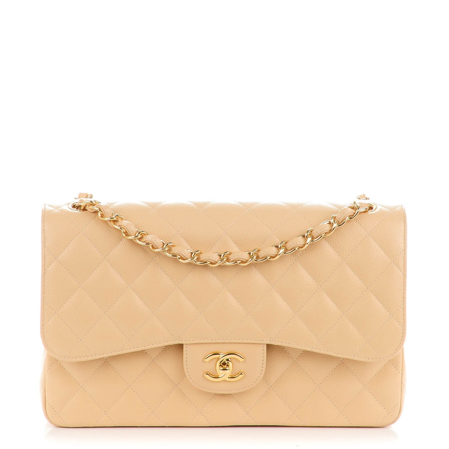 Caviar Quilted Jumbo Double Flap Beige Clair