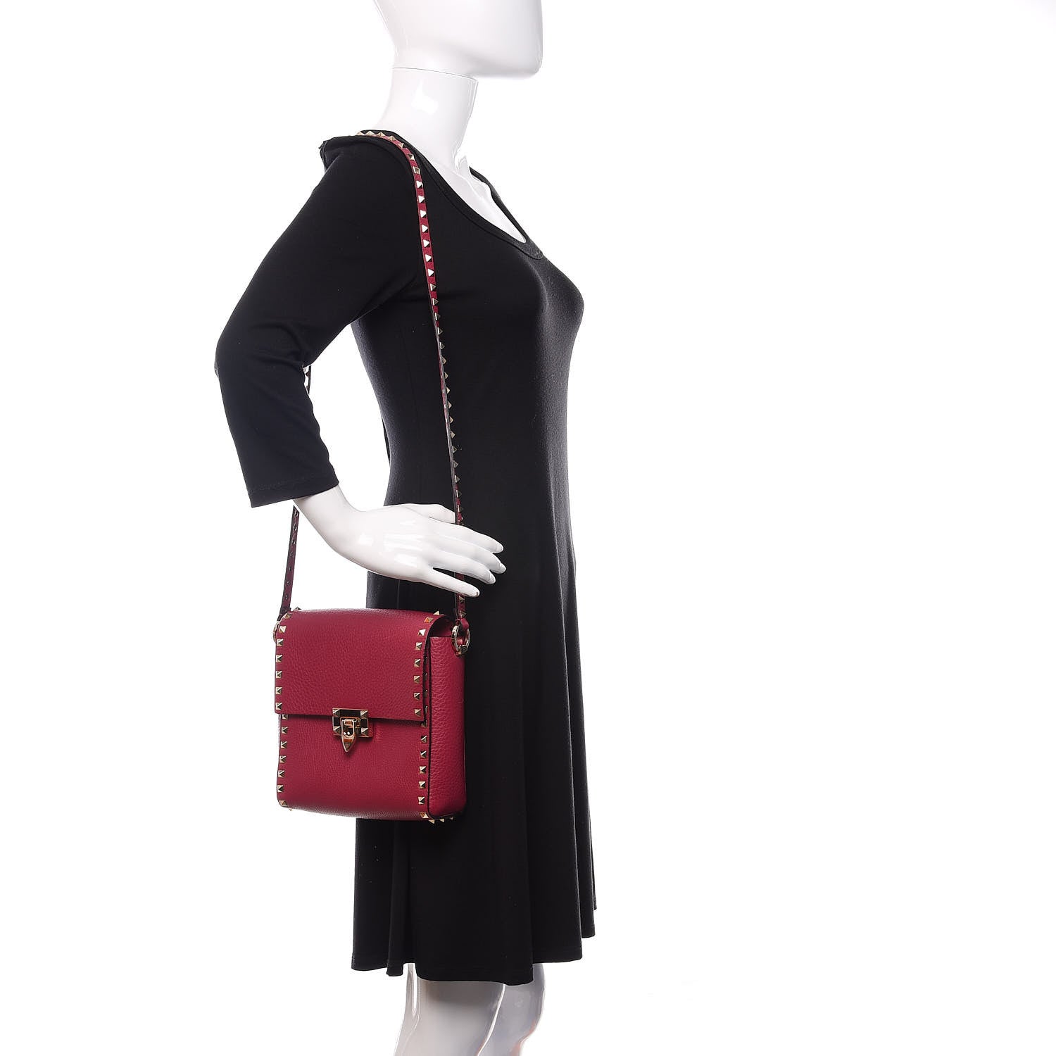 Valentino Garavani Pebbled Calfskin Rockstud Flip Lock Flap Messenger Raspberry 2 of 10