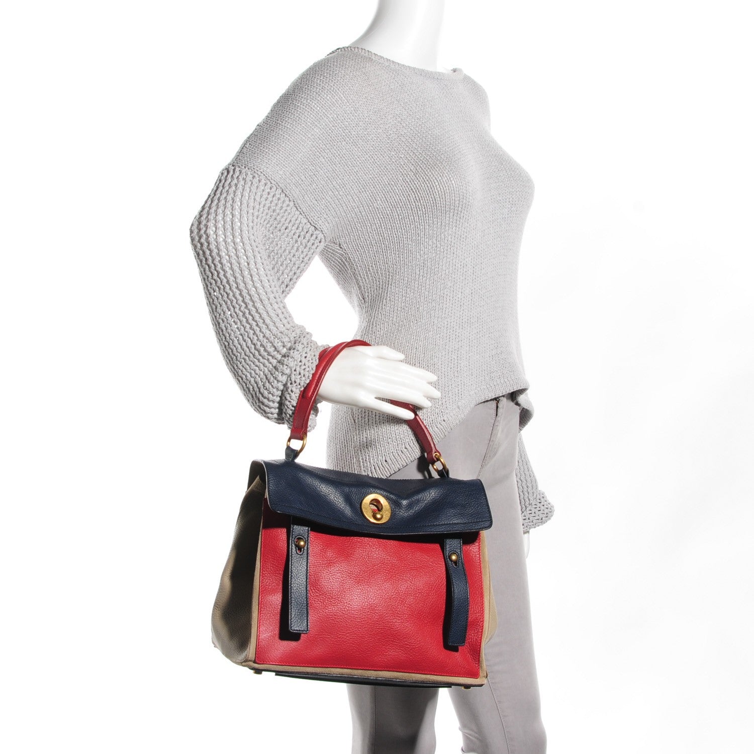 Saint Laurent Calfskin Medium Colorblock Muse Two Poppy Blue Beige 2 of 7