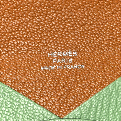 Hermes Chevre Mysore Verso Calvi Card Case Vert Criquet Caramel 7 of 12