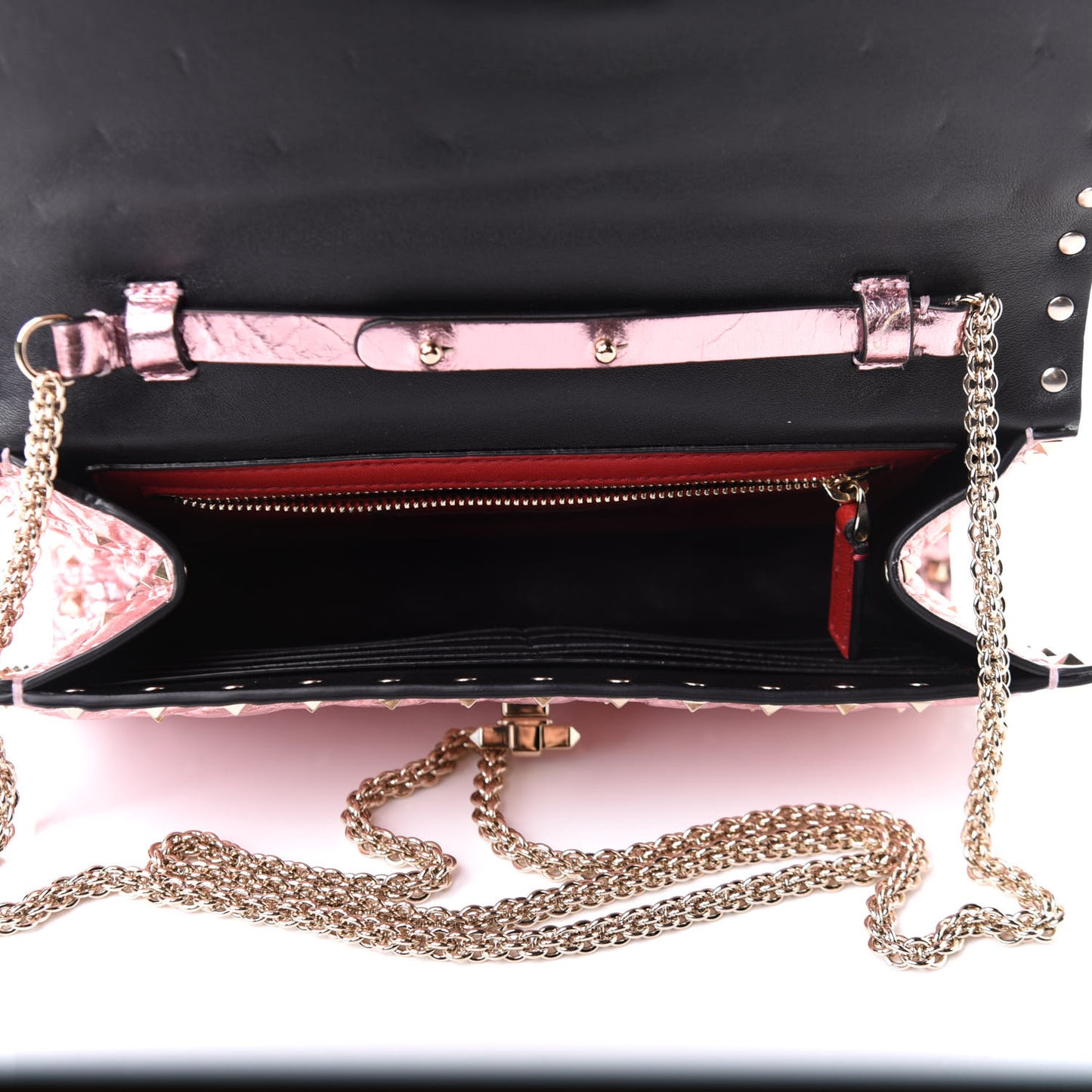 Metallic Wrinkled Lambskin Rockstud Spike Wallet on Chain Lipstick