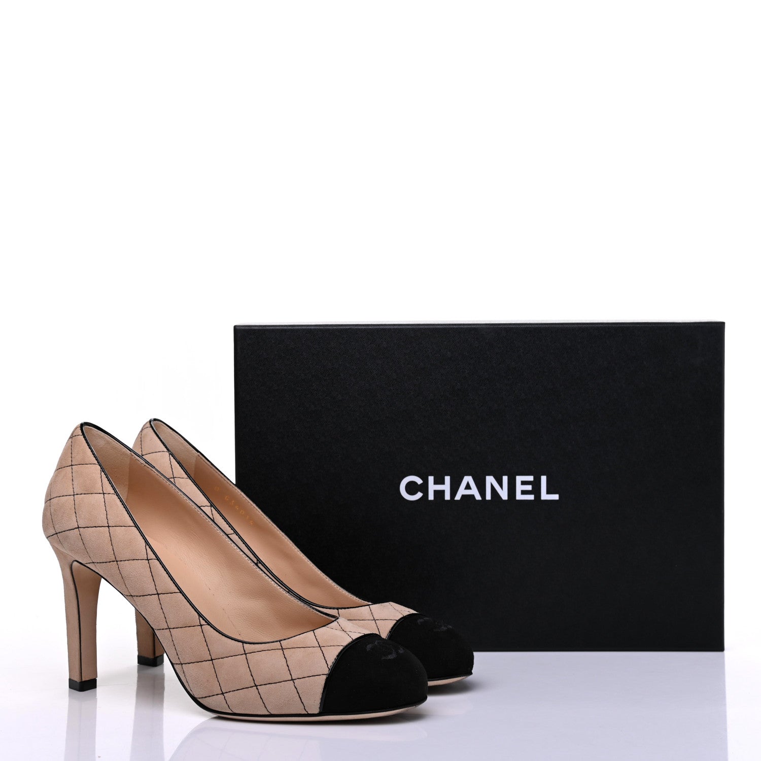 Chanel Suede Quilted Cap Toe Pumps 39 Beige Black 20 of 20