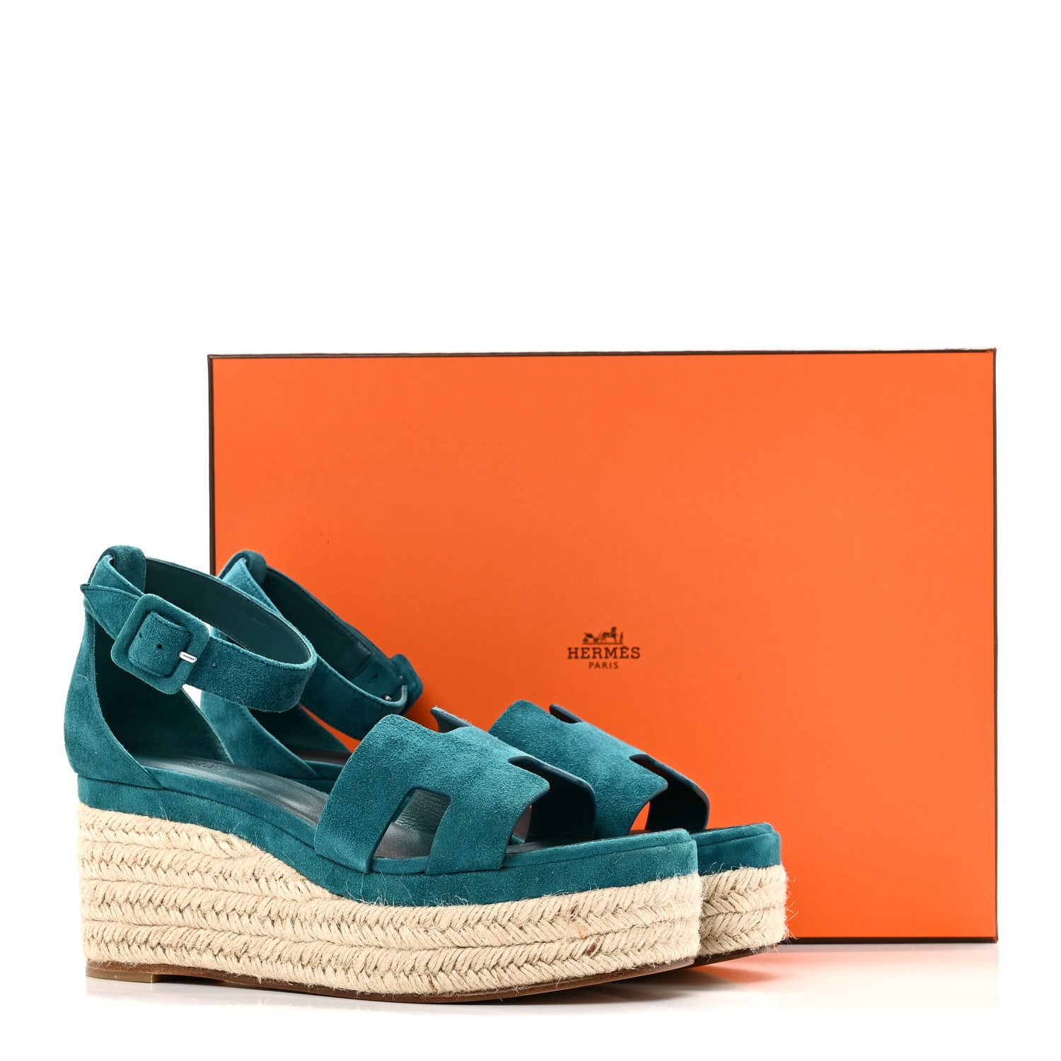フィカス　エルメス Hermes Suede Goatskin Elda Espadrille Wedge Sandals 38 Vert Oxford