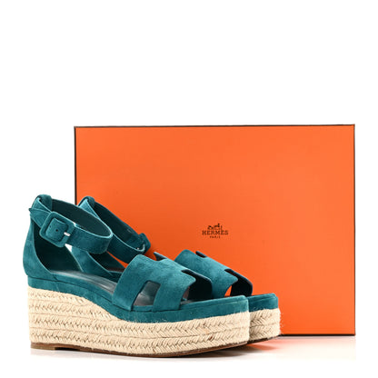 Hermes Suede Goatskin Elda Espadrille Wedge Sandals 38 Vert Oxford 10 of 10