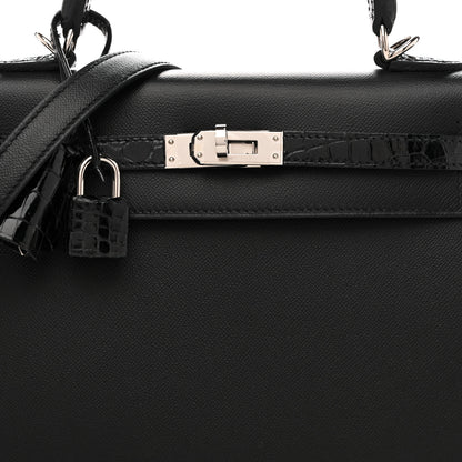Hermes Madame Calfskin Shiny Niloticus Crocodile Kelly Sellier Touch 25 Black 8 of 14