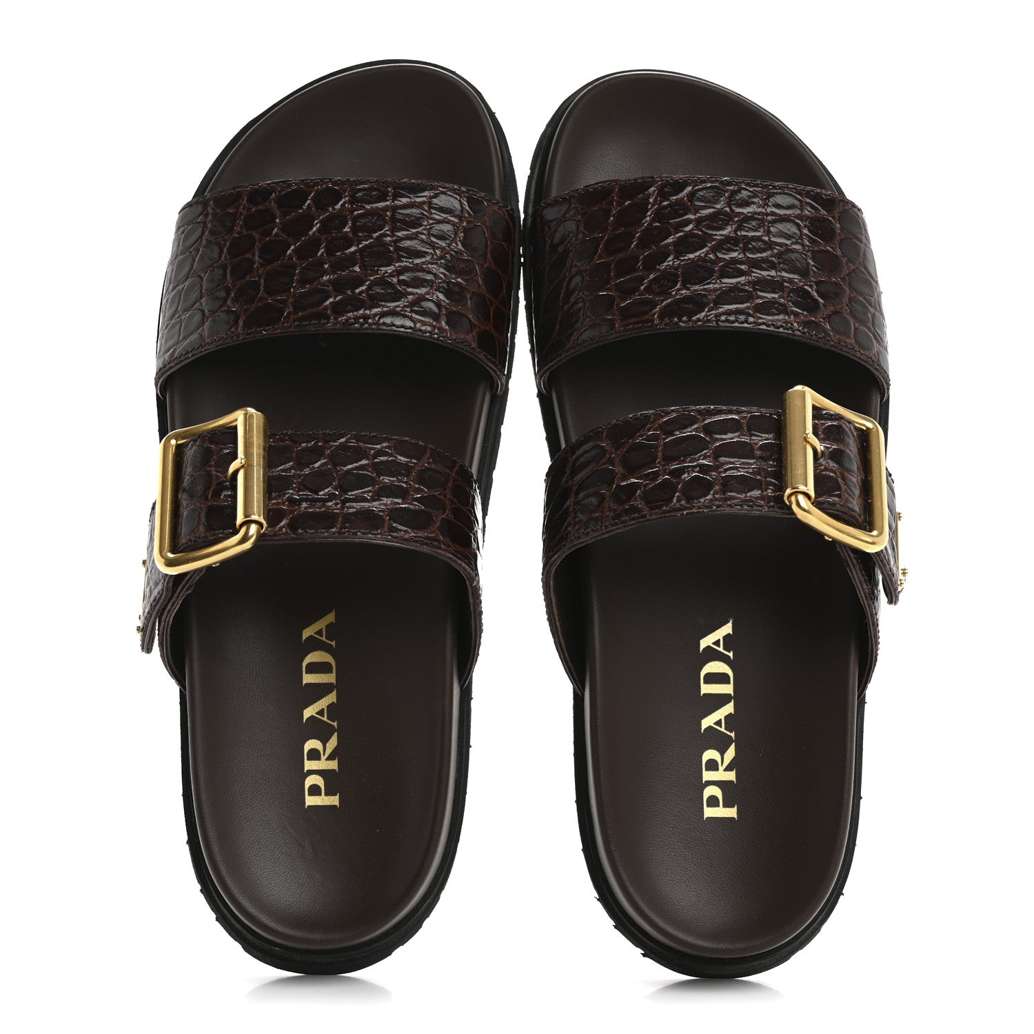 Prada Calfskin Embossed Crocodile Buckle Slide Sandals 36 Cacao 2 of 11