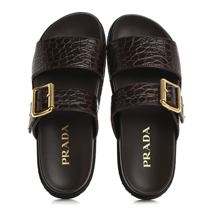 Prada Calfskin Embossed Crocodile Buckle Slide Sandals 36 Cacao 2 of 11